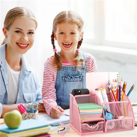 9 in 1 Pink Desk Organizers and Accessories Set, Pink Gifts Mesh Desk Organizer - Picture 5 of 7